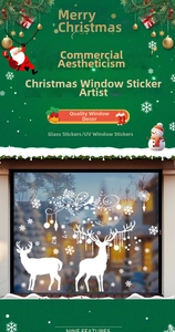 Detailed view of white reindeer and snowflake static window stickers for Christmas decor