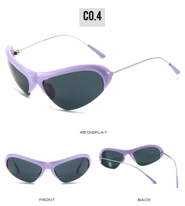 Detailed views of purple futuristic cat eye sunglasses with sleek silver metal temples
