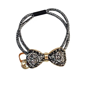 Elegant crystal bow hair tie with vintage gray rhinestones and black elastic rope