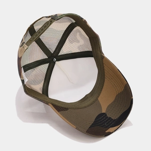 Detail of breathable mesh camouflage trucker hat showing inner sweatband and adjustable strap