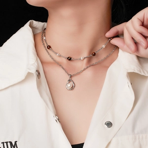 Maillard style 925 sterling silver tiger eye and pearl double layer necklace for women