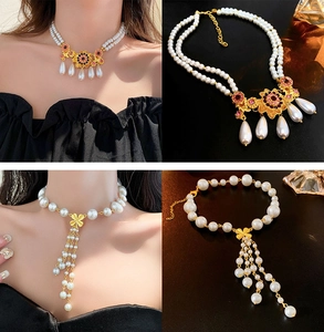 Colliers de perles vintage style palais avec pierre rouge et nœud à franges