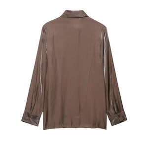 Women's casual dark brown long sleeve satin shirt with metallic luster on white background