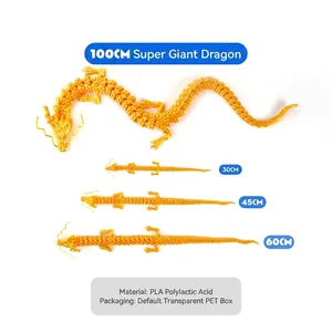 3D printed articulated Chinese dragon in golden PLA, four size variations from 30cm to 100cm