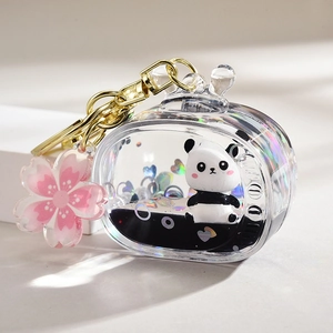 Cute Cartoon Panda Liquid Quicksand Keychain Transparent TV Shaped Acrylic Oil Floating Bag Pendant For Kids Students