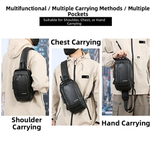 Close-up of black leather chest bag showing shoulder, cross-body and hand-carry versatile styles