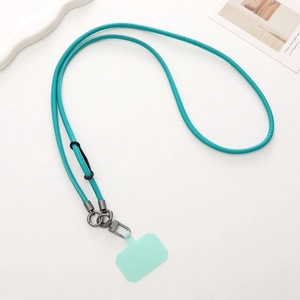 Close-up of turquoise PU leather phone lanyard with dark grey metal clips on white background