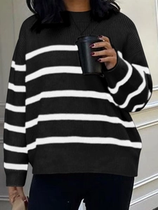 Women's casual black and white striped knit sweater with round neck and long sleeves
