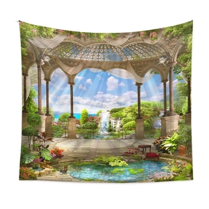Detail view of tropical garden tapestry with scenic gazebo and waterfall landscape