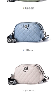 Close-up of three quilted leather crossbody bags in green, blue, and khaki colors