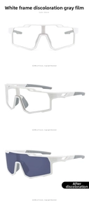 Detail showing white sports sunglasses with lenses transitioning from clear to dark grey