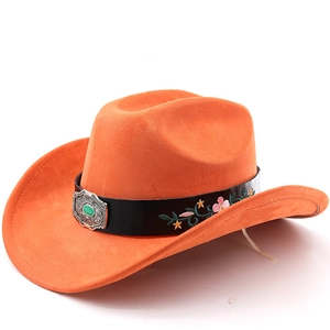 Detail of orange suede cowboy hat with floral leather band and green turquoise buckle