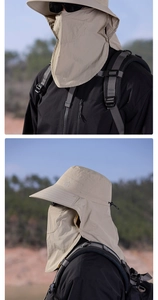 Détail d'un chapeau de soleil beige avec masque amovible et protection de la nuque