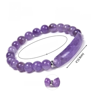 Adjustable 8mm amethyst bead bracelet with stainless steel accents on white background