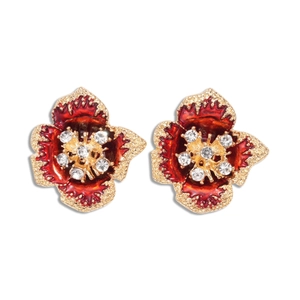 Vintage gold flower earrings with deep red enamel and sparkling rhinestones for women