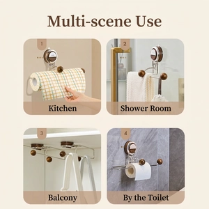 Multifunctional suction cup paper towel holder with stainless steel and walnut wood finish