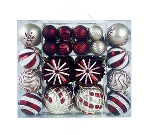 Macro detail of assorted Christmas baubles set in a transparent box with festive patterns