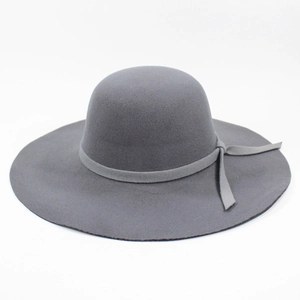 Elegant dark grey wide brim wool fedora hat with bow accent for autumn and winter