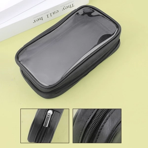 Detailed view of makeup brush bag featuring a clear PVC window and durable zipper