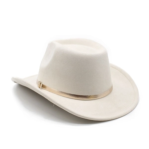 Detail of cream wide-brim cowboy hat featuring a sleek gold decorative band and felt texture
