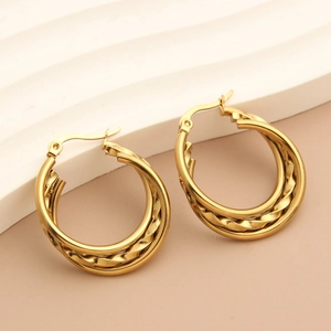 Triple-layered 18k gold plated stainless steel C-shaped hoop earrings with twisted texture