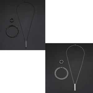 Three-piece minimalist geometric jewelry set with necklace, bracelet, and ring in black and silver