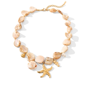 Gold stainless steel ocean necklace with starfish, conch, and pearl shell pendants