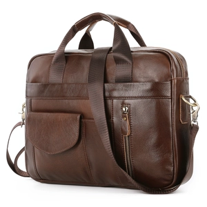 Men's dark brown leather briefcase with adjustable shoulder strap for business commute