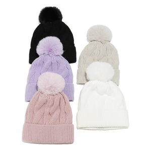 Winter chunky knit beanie with faux fur pom pom in multiple pastel colors