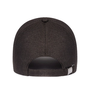 Rear view of black baseball cap with extended brim and adjustable metal buckle closure