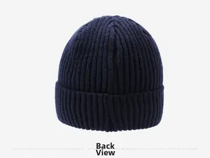 Detailed back view of a navy blue ribbed knit beanie showing thick warm fabric texture