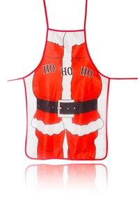 Tablier de Noël à plat avec motif de costume de Père Noël et texte HO HO HO brodé