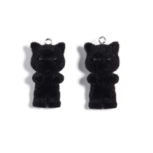 Pair of cute black flocked resin bear charms with metal rings for DIY jewelry making
