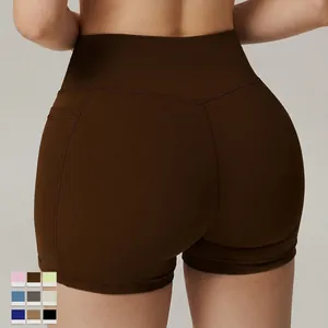 High waisted quick dry yoga shorts with side pockets in dark brown for fitness and running