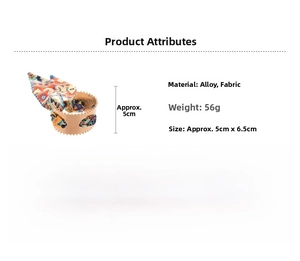 Detail of fabric wrapped open bracelet showing dimensions 5cm by 6.5cm and ethnic pattern