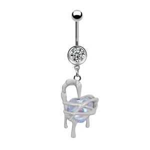 Macro view of scorpion claw belly ring with heart-shaped iridescent stone and cubic zirconia
