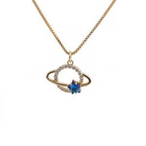 Exquisite golden planet necklace with sparkling white zircons and a blue star pendant