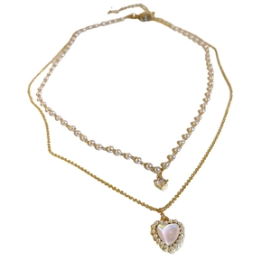 Double-layer gold necklace with pearls, zircon pendant and large heart mother of pearl