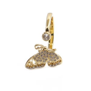 Adjustable golden butterfly ring for women with sparkling cubic zirconia on white background