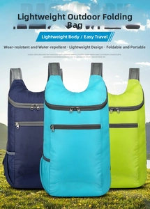 Detail view of foldable outdoor backpacks in blue and green with water-resistant fabric