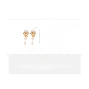 Detail view of pearl flower drop earrings with copper, zircon, and 22.1g weight specs