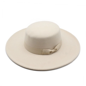 Classic cream wide brim flat top wool felt hat with decorative ribbon bow for winter