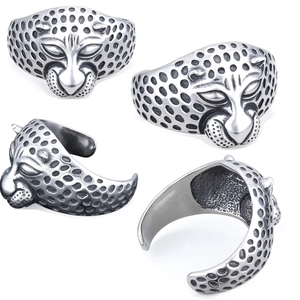 Leopard Head Open Cuff Bracelet Vintage Punk Rock Stainless Steel Textured Heavy Bangle For Men Jewelry