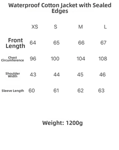 Detailed size chart for the waterproof slim fit hooded puffer jacket for women