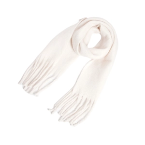 Close-up of soft knitted cream mohair scarf with elegant fringe detail on white background