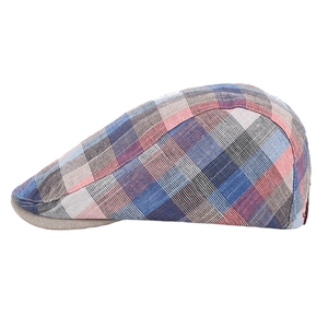 British style men's plaid ivy cap made of breathable cotton linen with a flat grey brim
