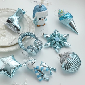 Blue Silver Christmas Tree Hanging Ornaments Plastic Glitter Star Snowflake Reindeer Penguin Ice Cream Festive Party Decor