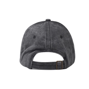 Detail view of the washed dark gray cotton baseball cap with adjustable metal back buckle