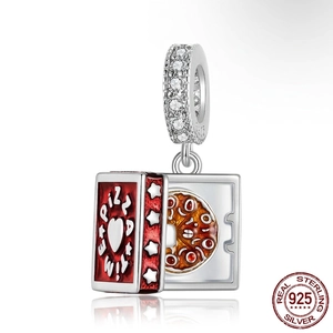 Funny Pizza Box Dangle Charm 925 Sterling Silver Red Enamel With Zircon For Bracelet DIY Jewelry Gift