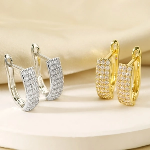 Fashion Copper U-Shaped Hoop Earrings For Women Full Rhinestone Pave High-End Temperament Versatile Daily Party Jewelry Gift